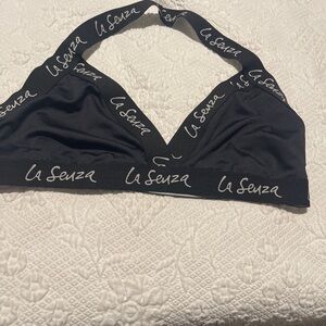 La SENZA Black Logo Wireless Bralette Sz XL Halter pullover